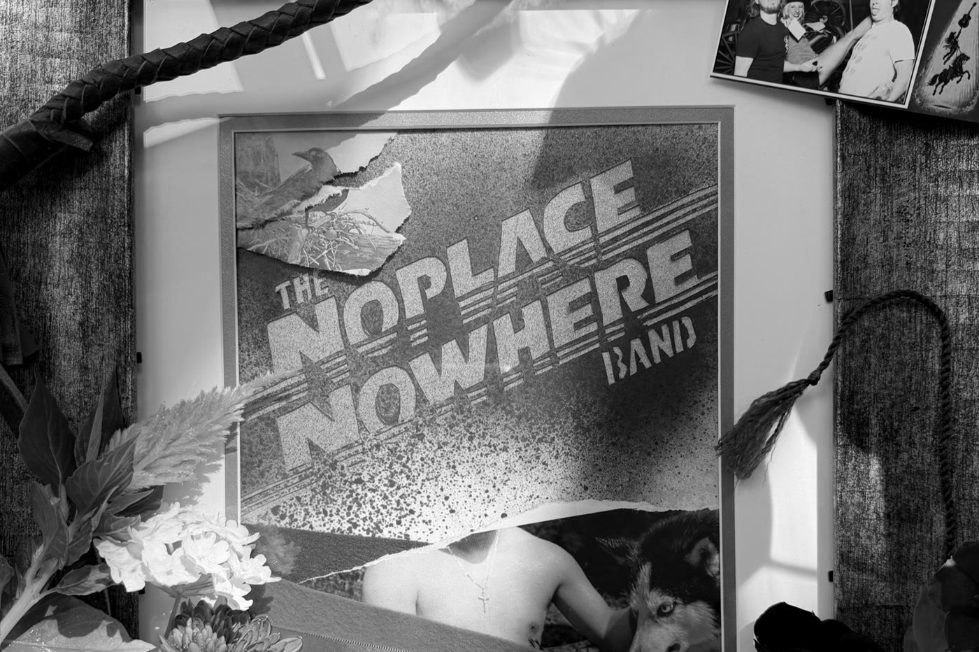 Framed NoPlace Nowhere Band print with flowers, picks and photo strips