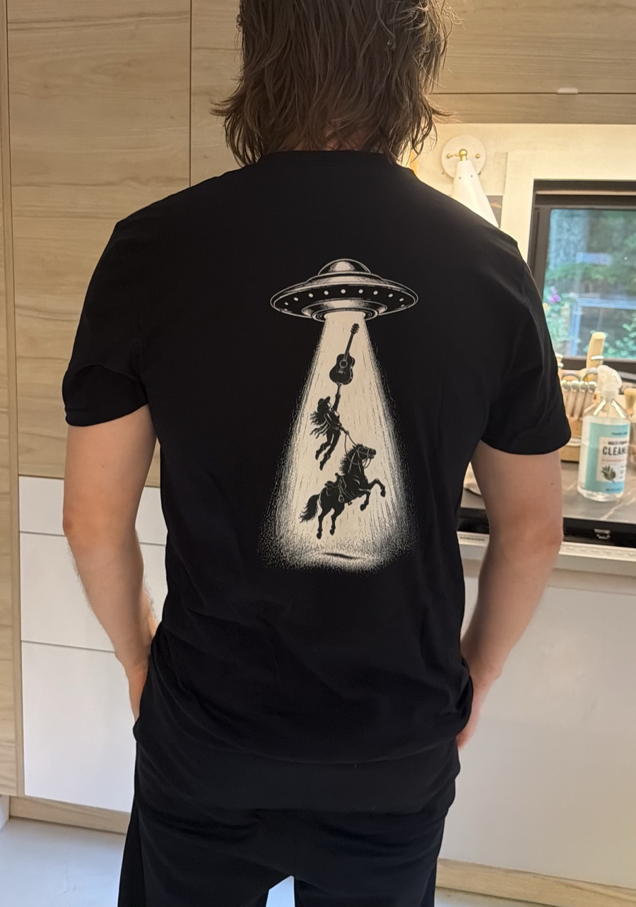Black t-shirt, back: Beam Her Up artwork